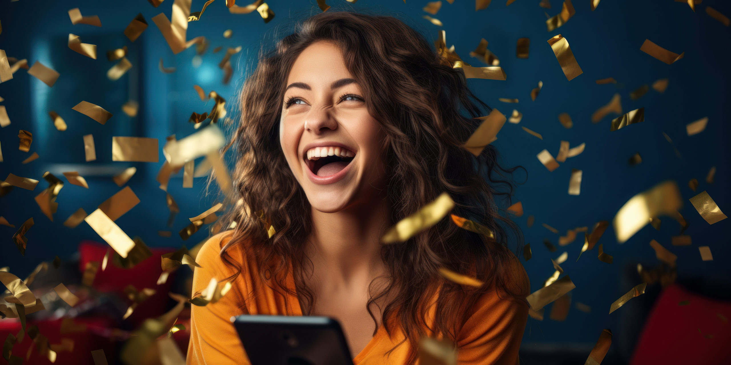 Celebrating Success: Woman with Mobile Phone Surrounded by Gold Confetti